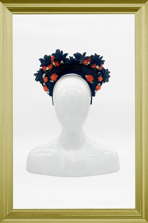 Coral and Black Roses Embroidered Heart Crown