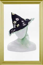 Black Floral Deco Witch Hat with Mint Lace Trim