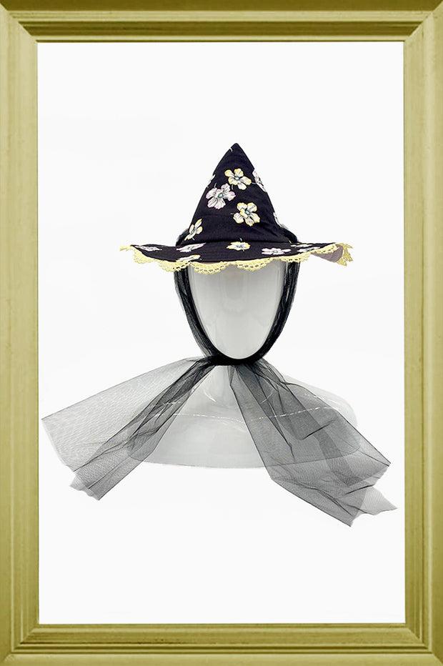 Black Floral Deco Witch Hat with Yellow Lace Trim